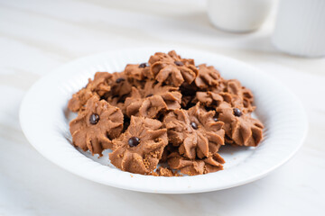 Chocolate topping cookies. Cookies with chocolate chip topping. Eid cookies. Suitable for recipes, articles, catalogs, or other commercial purposes. Eid cookies