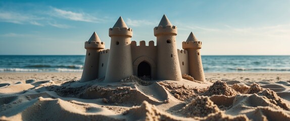 Sandcastle on Beach with Clear Sky and Ocean in Background Perfect for Summer Vacations Promotional Content and Text Overlay