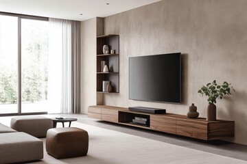 contemporary tv unit with clean lines, floating wooden shelves, neutral tones, minimalist interior styling