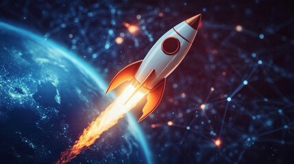 Boost traffic business and social media concept with contemporary character optimize internet connection speed quality launch rocket up in air, progress, growth, Linear cartoon vector illustration