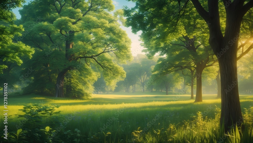 Canvas Prints Serene Summer Woodland Landscape in Public Park with Lush Green Trees and Meadow Under Soft Natural Light