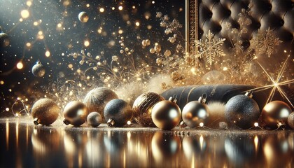 Naklejka premium Glistening ornaments in hues of gold and silver are artfully arranged on a glossy surface, creating a warm and inviting atmosphere. Soft light twinkles, enhancing the festive spirit