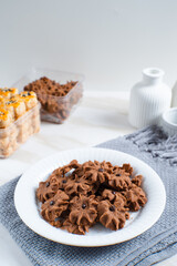 Chocolate topping cookies. Cookies with chocolate chip topping. Eid cookies. Suitable for recipes, articles, catalogs, or other commercial purposes. Eid cookies