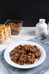 Chocolate topping cookies. Cookies with chocolate chip topping. Eid cookies. Suitable for recipes, articles, catalogs, or other commercial purposes. Eid cookies