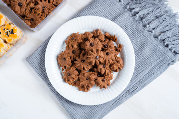 Chocolate topping cookies. Cookies with chocolate chip topping. Eid cookies. Suitable for recipes, articles, catalogs, or other commercial purposes. Eid cookies