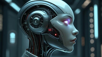 Fototapeta premium Female metallic silver android robot head with intricate mechanical circuits, wiring, and glowing neon eyes. Futuristic detailed closeup side view image.