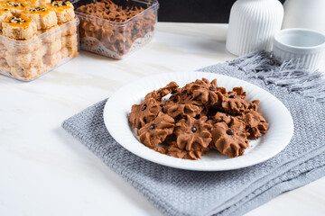 Chocolate topping cookies. Cookies with chocolate chip topping. Eid cookies. Suitable for recipes, articles, catalogs, or other commercial purposes. Eid cookies