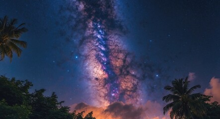Starry Night Sky Above Tropical Landscape with Galaxy and Copy Space for Text
