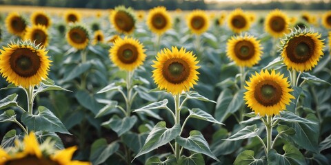 Fototapeta premium Vibrant sunflower field showcasing blooming flowers with ample space for overlaying text and graphics in a serene outdoor setting.