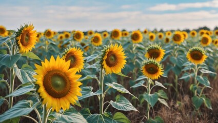 Fototapeta premium Vibrant Sunflower Field Under Clear Blue Sky With Ample Copy Space For Text and Creative Designs