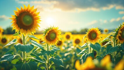 Obraz premium Sunflower Field in Vibrant Nature Setting with Blurred Background Ideal for Organic Food Production and Harvest Themes with Copy Space