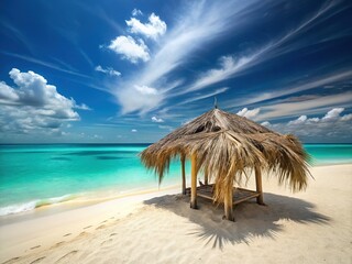 Serene Tropical Beach: Minimalist Driftwood Hut & Empty Copy Space for Text