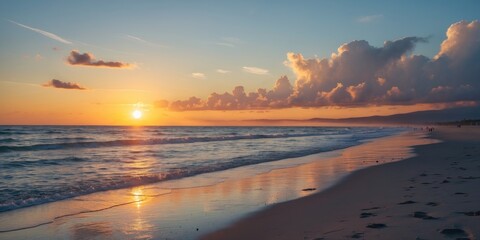 Obraz premium Serene Sunrise Over Tranquil Beach with Clear Sky and Gentle Waves Ideal for Text Overlay or Travel Promotions