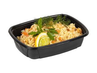 A black plastic container that is filled with rice and assorted vegetables
