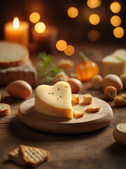 Image of an elegant cheese board set on a rustic wooden table. The board is beautifully arranged with a variety of cheeses