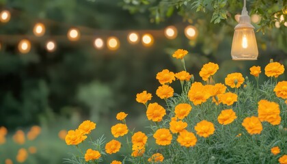 Orange Flowers and Warm String Lights in a Garden at Dusk