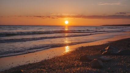 Tranquil sunset over a beach with low tide, sun on the horizon during golden hour, creating a serene atmosphere and empty space for text.