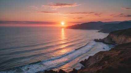 Tranquil Sunset Over Serene Coastal Landscape with Gentle Waves and Majestic Mountains in Background