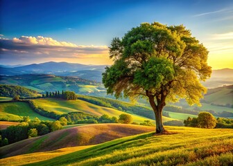 Fototapeta premium Solitary Plane Tree on Tuscan Hilltop - Ample Copy Space Stock Photo