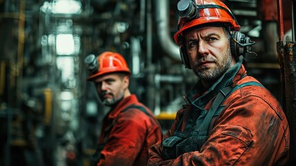 Fototapeta premium Two Industrial Workers in Safety Gear Inside a Dimly Lit Factory Setting, Focused on Their Tasks and Safety Measures