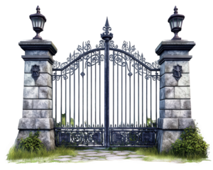 grand medieval castle gate with heavy iron portcullis, surrounded by stone pillars and lanterns, evokes sense of history and mystery