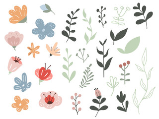 Collection of colorful floral illustrations with various shapes and designs suitable for creative projects. Flowers, leaves, and botanical elements.