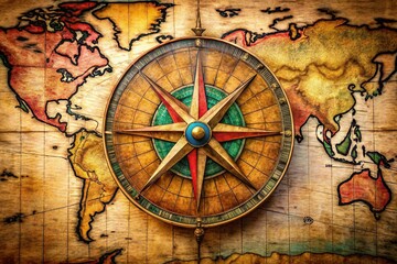 Fototapeta premium Strategic Navigation: Compass Rose on Grunge Map Background