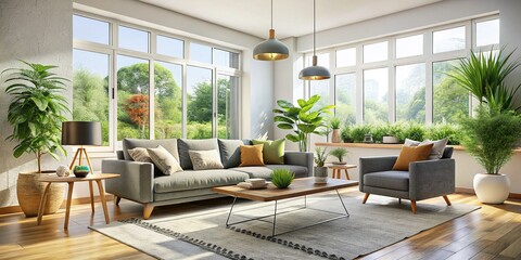 Fototapeta premium Stylish Modern Living Room with Large Window and Comfortable Sofa
