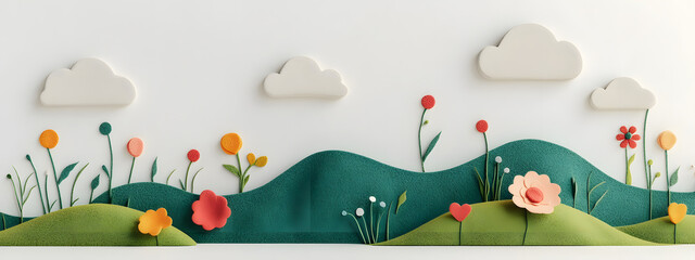 Naklejka premium A cute wool felt scene with simple green hills, white clouds, and yellow flowers 
