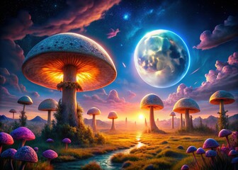 Surreal Fantasy Landscape: Giant Moon, Glowing Mushrooms, Stock Photo
