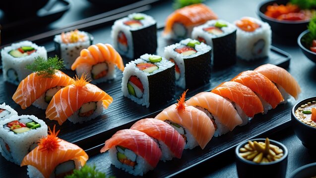 Delicious assortment of sushi rolls and sashimi beautifully arranged on a dark wooden platter with space for your text or branding. - Powered by Adobe