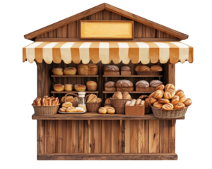 small wooden bakery stall with striped awning, displaying various fresh breads and pastries. inviting setup creates warm, rustic atmosphere