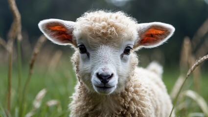 Charming Lamb Portrait with Green Background and Space for Text Addition