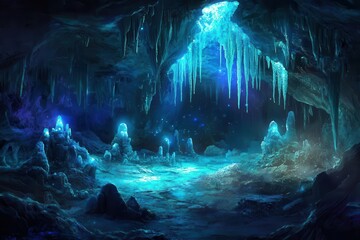 Naklejka premium crystal cave illuminated by bioluminescent fungi, ethereal blue light reflecting off mineral formations, mystical atmosphere