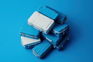 Pile of blue and white hard shell cases stacked together