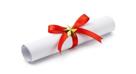 a rolled-up piece of paper tied with a red ribbon, adorned with a small gold star.