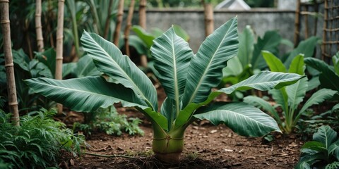 Lush Taro Leaf Plant Surrounded by Greenery in Garden Setting with Clear Space for Text or Branding