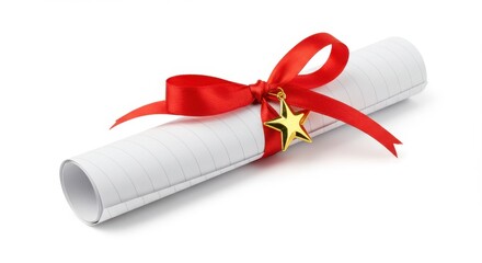 a rolled-up piece of paper tied with a red ribbon, adorned with a small gold star.