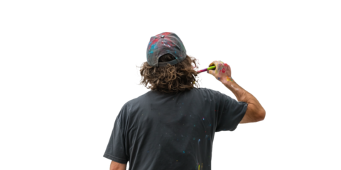 Grafitti artist creatively expressing through vibrant colors on a blank wall in an urban setting with unique artistic techniques and tools