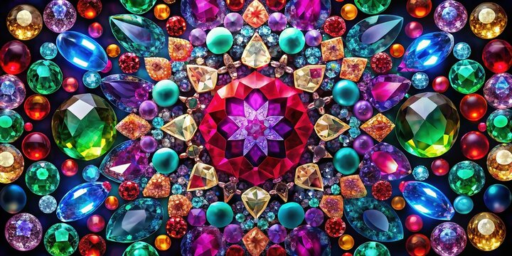 Vibrant Gem Kaleidoscope: Colorful Jewels on Black Background Stock Photo