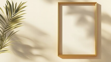 Empty gold frame on beige wall with leaf shadows in minimal interior design