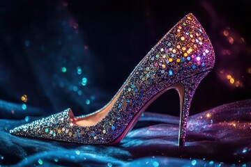 crystal-encrusted stiletto heels reflecting prismatic light, set against dark velvet background with subtle sparkle effects