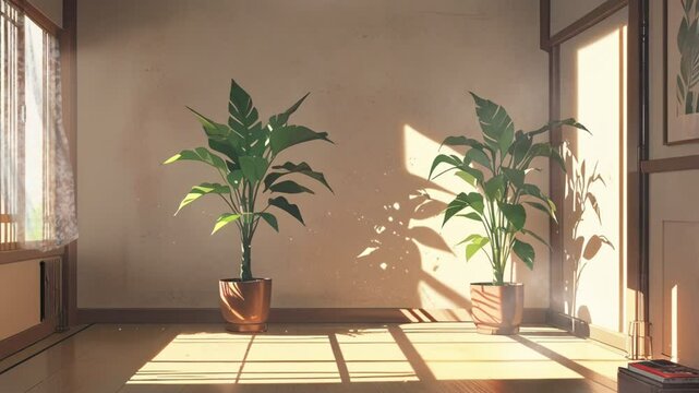 Seamless Looping 4K Time-Lapse Virtual Video Animation Background of Cozy Sunlit Minimalist Room with Green Plants and Soft Natural Light