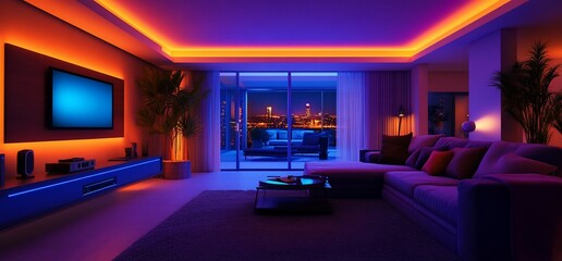 Modern Apartment Interior with Smart Lighting and City View at Night