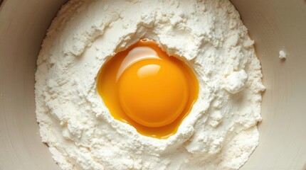 Egg yolk nestled in a pile of flour, preparing for baking or cooking process.
