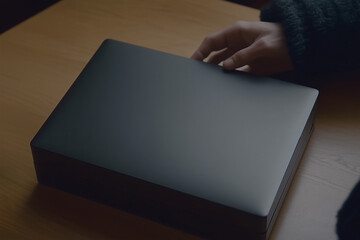 Fototapeta premium Mystery Unveiled: A close-up shot captures the anticipation as a hand reaches towards a sleek, matte black box resting on a wooden surface.