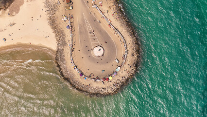 Closeup view of Dhanushkodi via drone Image of Tamil Nadu, India. It's in the Ramanathapuram district on the Pamban Island.