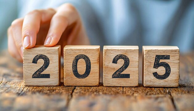 New Year 2025 business concept. Hand turning wooden blocks from 2024 to 2025. Warm, inviting, top-down view. Copy space for seasonal greetings, planning & optimism.