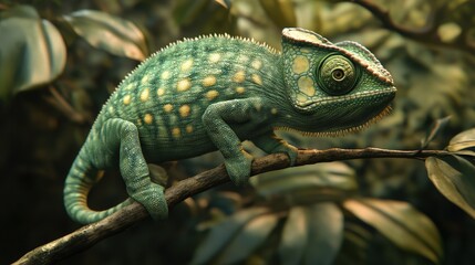 Obraz premium A captivating close-up of a chameleon perched gracefully on a branch, its emerald-green body adorned with intricate patterns, eyes locked in alert focus to the right