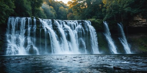 Fototapeta premium Majestic waterfall cascading into serene waters surrounded by lush greenery and natural beauty with space for text overlay.
